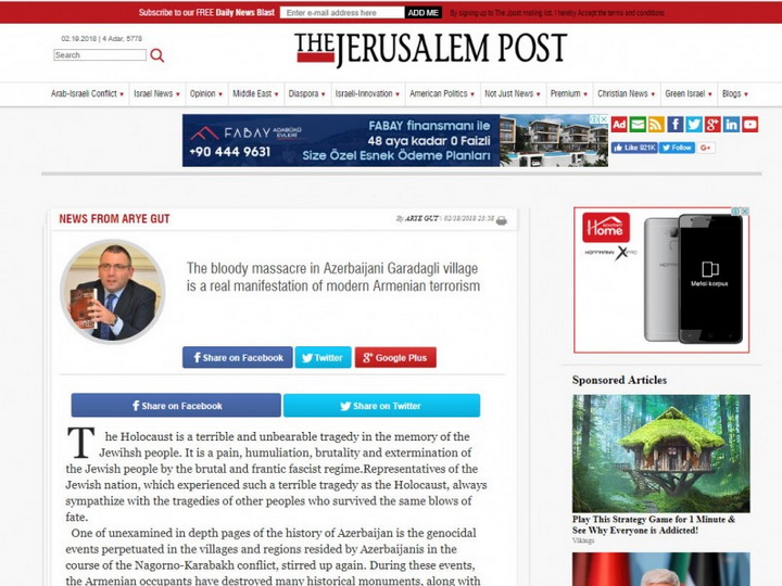 Jerusalem Post: Учиненная в азербайджанском селе Гарадаглы кровавая бойня – доказательство армянского терроризма