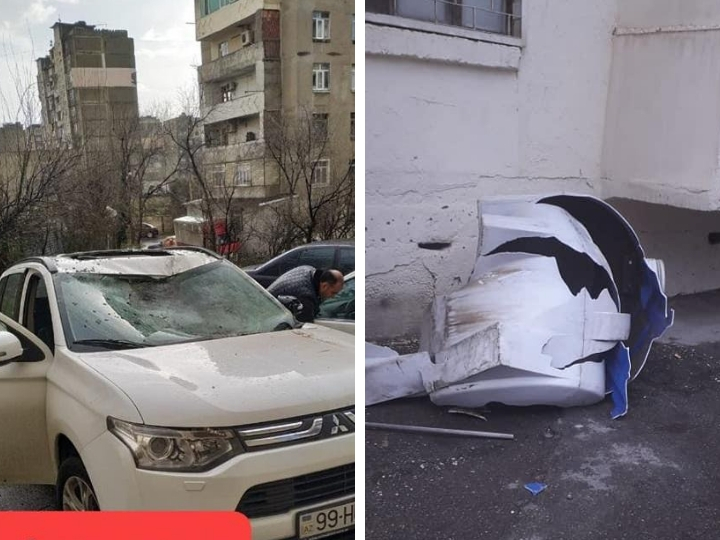 Шутки шквального ветра: в Баку водяной бак упал прямо на автомобиль своего владельца – ФОТО - ОБНОВЛЕНО