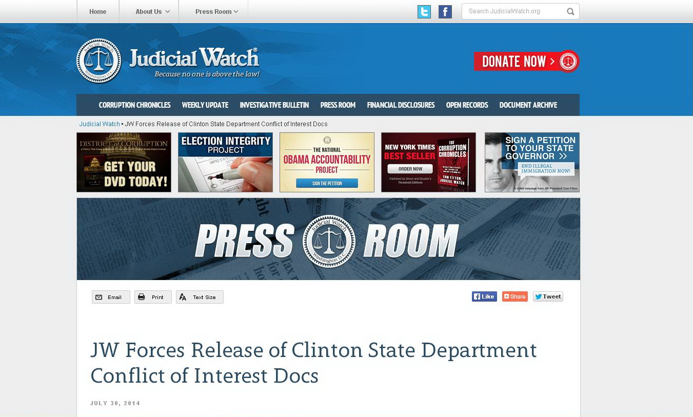 Judicial Watch обнародовала документы, доказывающие   наличие конфликта интересов в Госдепартаменте при Хиллари Клинтон