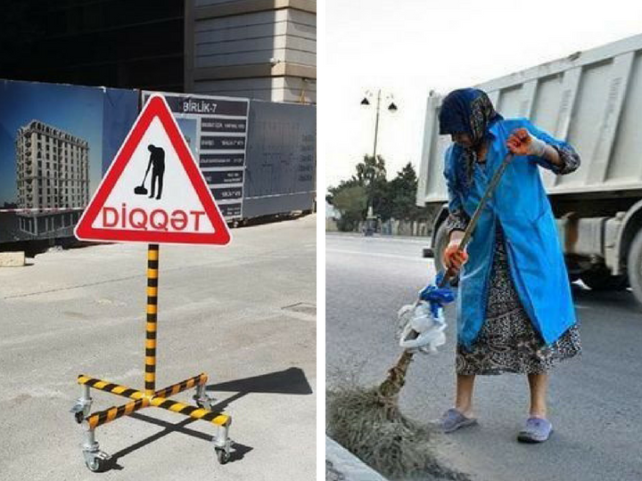 Для защиты уборщиц на дорогах Баку устанавливают новые переносные знаки – ФОТО
