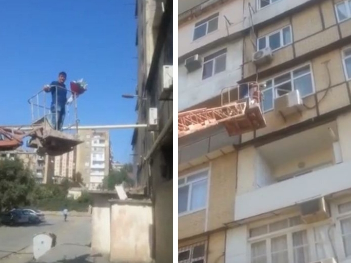 В Баку парень сделал предложение «руки и сердца» с авто-крана – ВИДЕО