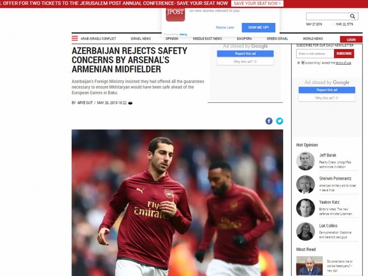 The Jerusalem Post: «Азербайджан резко отрицает возможные проблемы безопасности армянского полузащитника Арсенала»