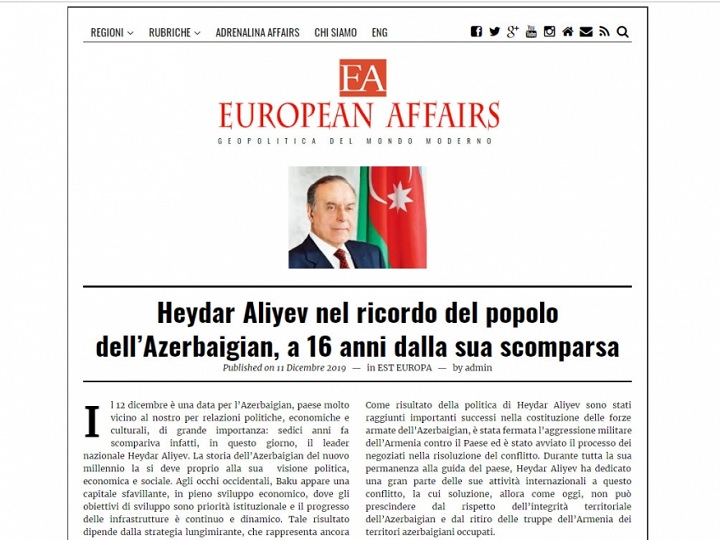 İtaliya qəzeti: Heydər Əliyev Azərbaycan-İtaliya strateji tərəfdaşlığına aparan yolun əsasını qoyub