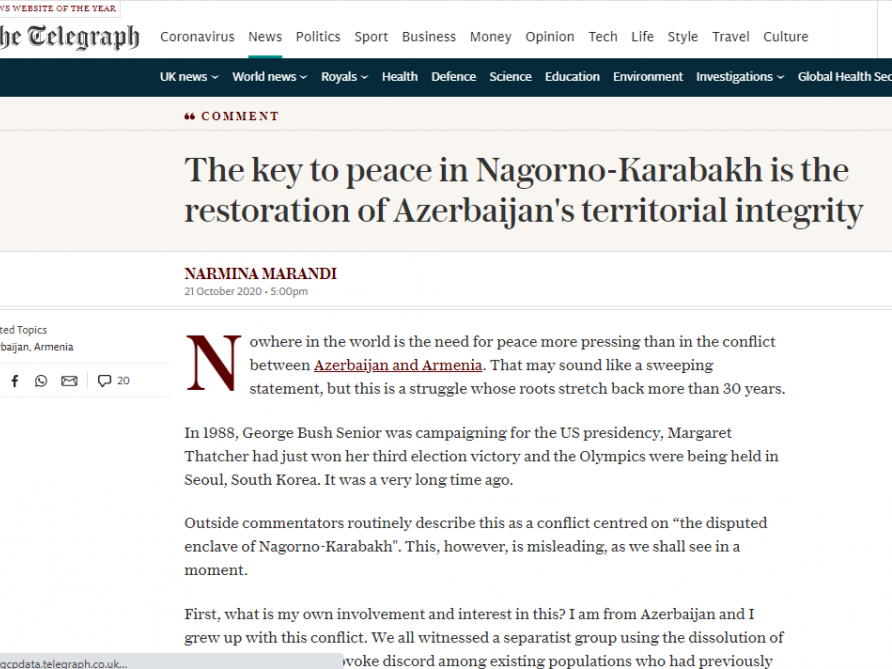 The Telegraph: Мир в Карабахе возможен лишь при восстановлении территориальной целостности Азербайджана