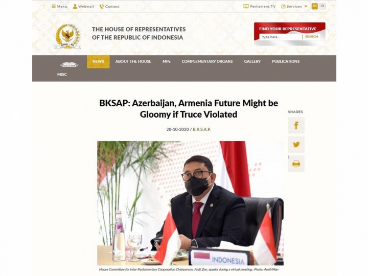 İndoneziya parlamenti bir daha Ermənistanın işğal olunmuş Azərbaycan torpaqlarından çıxmasını tələb edir