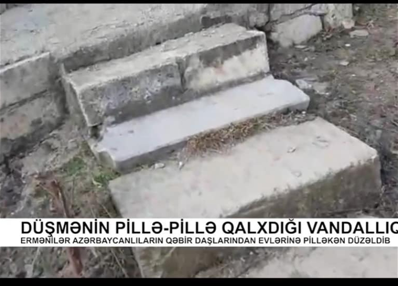 Армянские вандалы построили лестницу из надгробных камней с азербайджанского кладбища - ВИДЕО