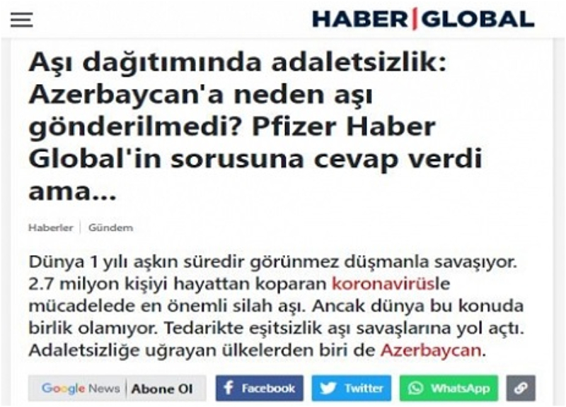 “Haber Global” telekanalı koronavirusa qarşı peyvəndin çatdırılmasında Azərbaycana qarşı ədalətsizlikdən geniş reportaj yayıb