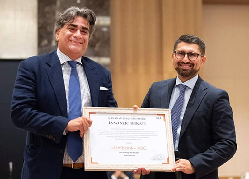 Unibank получил сертификат за поддержку Фонда Возрождения Карабаха