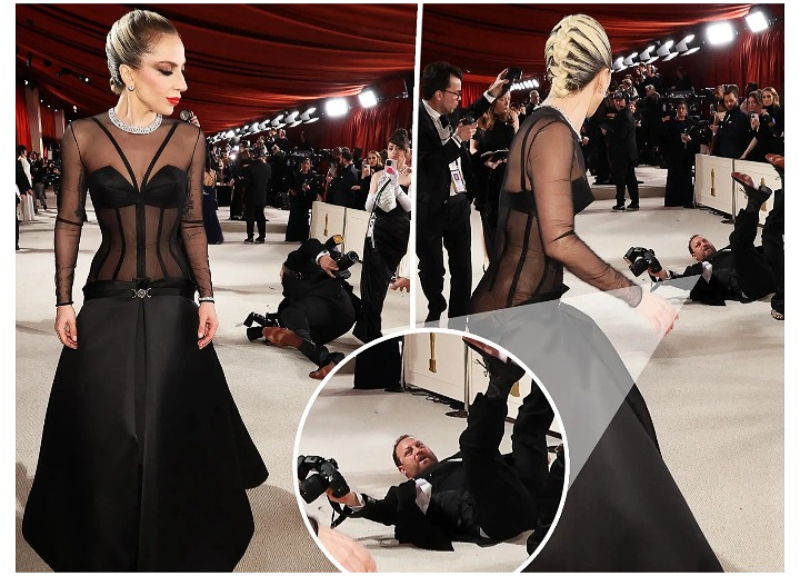 Леди Гага помогла фотографу, упавшему на «Оскаре» - ВИДЕО