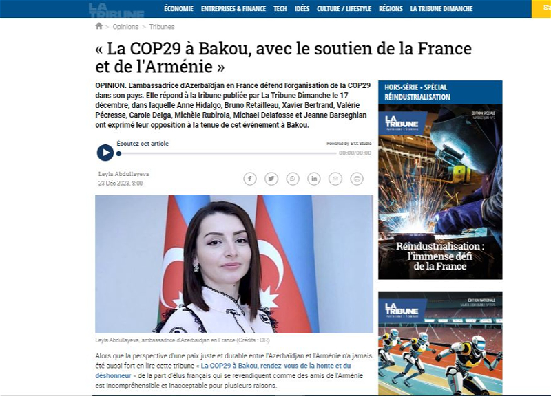 Fransanın “La Tribune” qəzeti Azərbaycan səfirinin cavabıbı işıqlandırıb