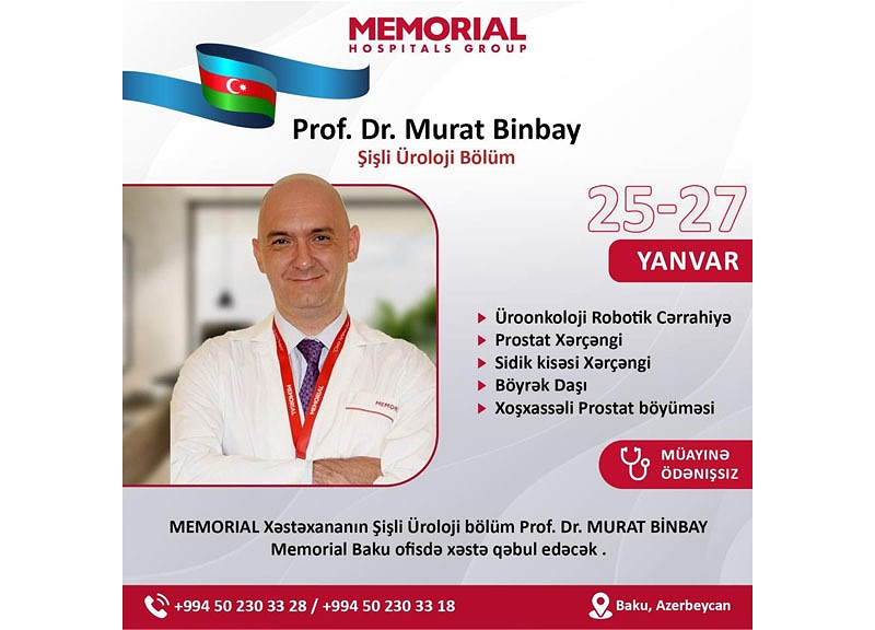 Профессор отделения урологических опухолевых заболеваний Мурат Бинбай проведет в Баку бесплатное обследование пациентов