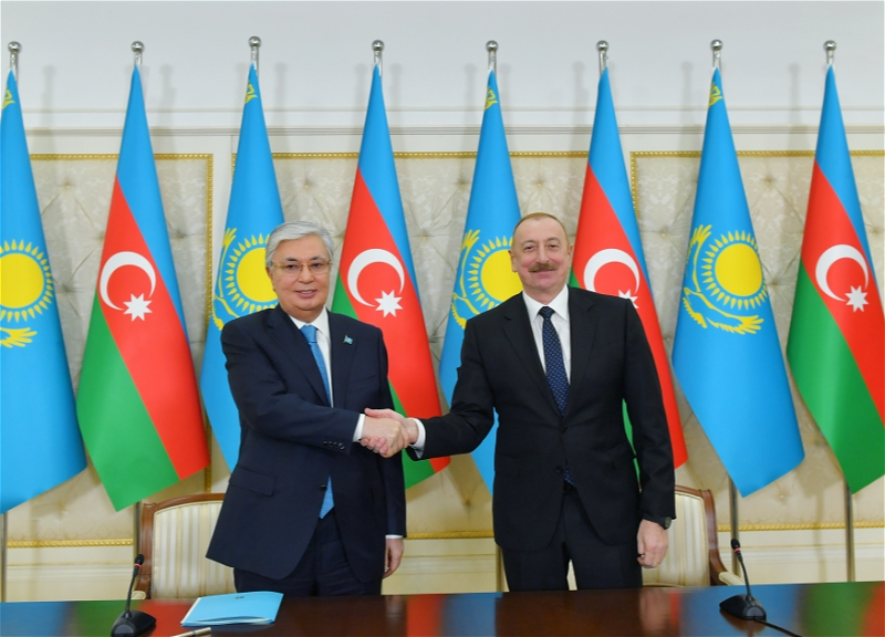 Президенты Азербайджана и Казахстана выступили с заявлениями для прессы - ФОТО
