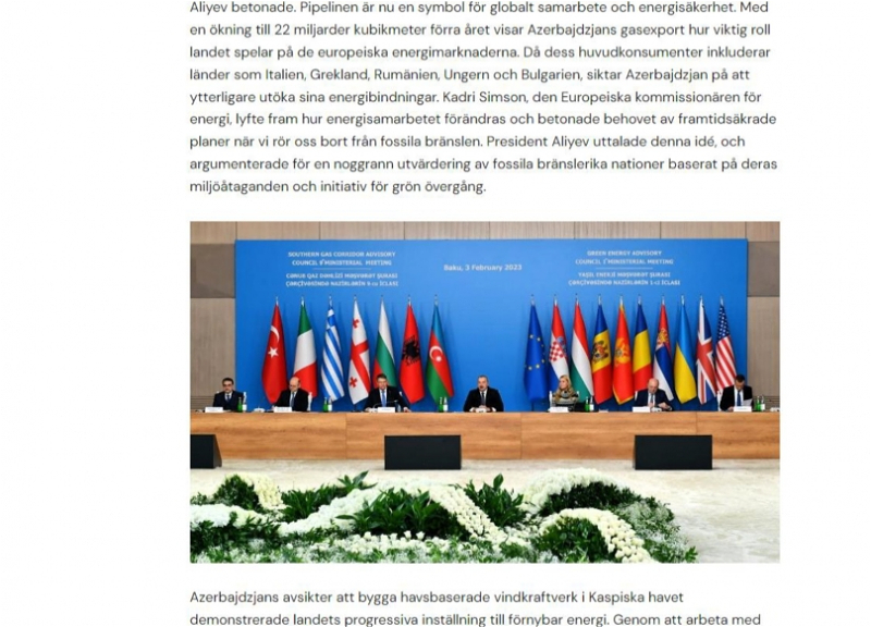 В шведском интернет-издании Diplomatic World Sweden опубликована статья «Консультативный совет по зеленой энергии - Баку» - ФОТО