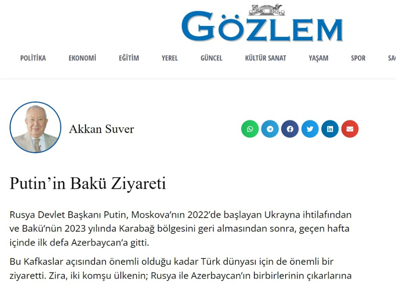 Аккан Сувер: Визит Путина в Баку - показатель уважения и доверия к успешной и сбалансированной внешней политике Азербайджана