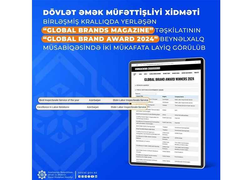 Dövlət Əmək Müfəttişliyi Xidməti beynəlxalq müsabiqədə 2 mükafata layiq görülüb