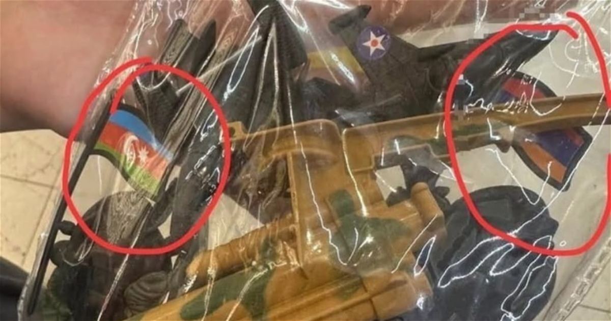 War as a children's toy: toy soldiers with the flags of Armenia and Azerbaijan on sale in Madrid