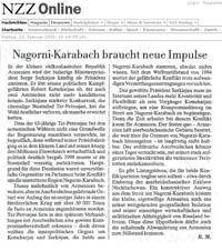 В швейцарской газете опубликована статья о влиянии выборов в Армении на Нагорно-Карабахский конфликт